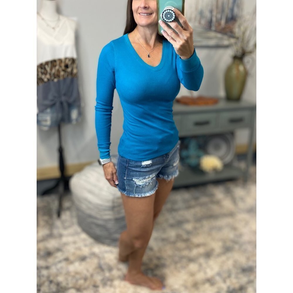 Deep V-Neck Cleavage Thermal Waffle Slimming Shirt Top Teal 0418